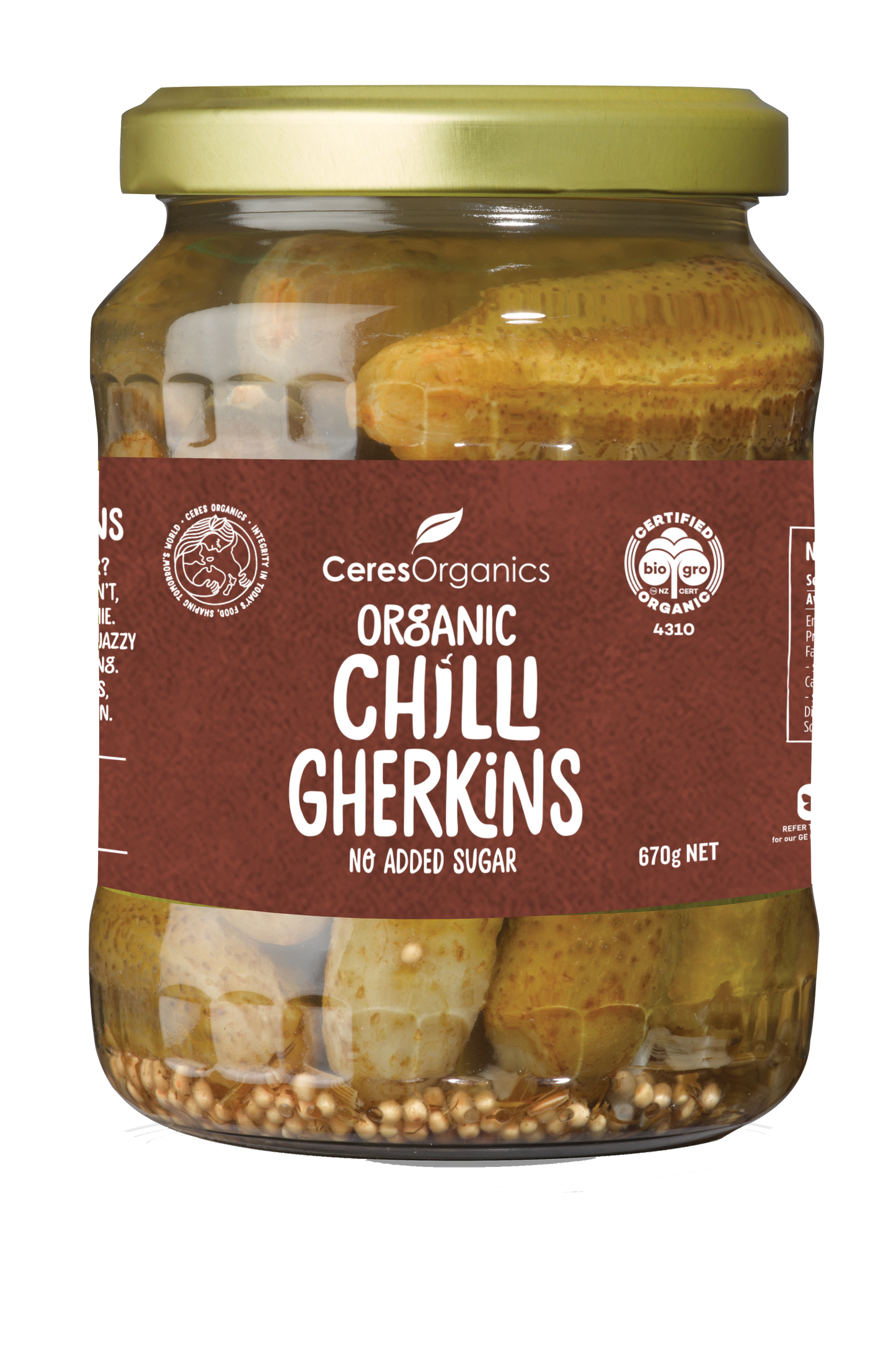 Ceres Organics Gherkins Spicy Chilli Whole No Added Sugar 670g