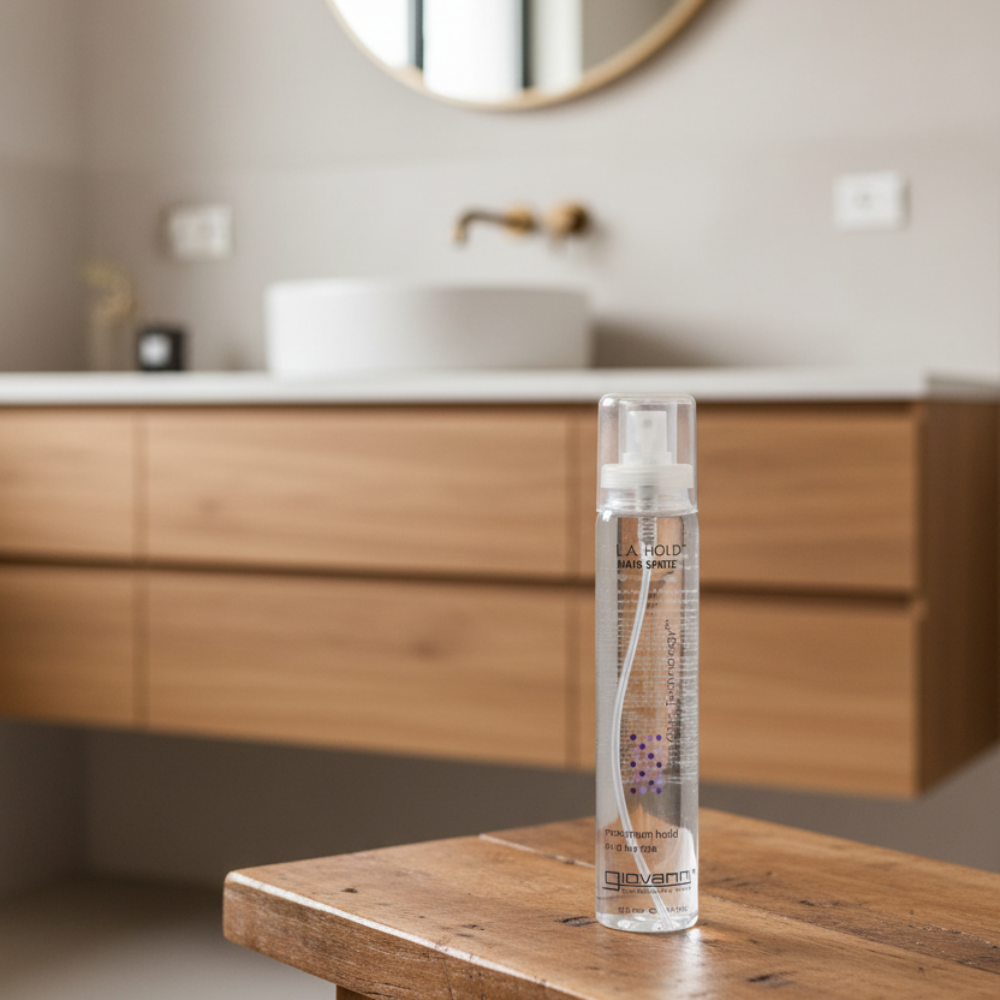 A clear plastic spray bottle labeled Giovanni L.A. Hold Hair Spritz, 147ml.