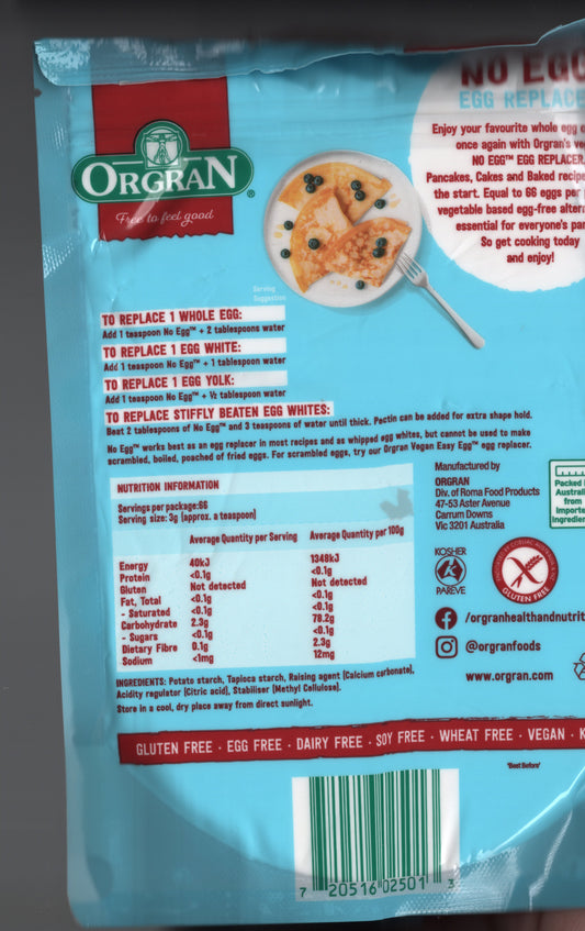 Back of Orgran No Egg Egg Replacer packaging with Nutritional Information Panel