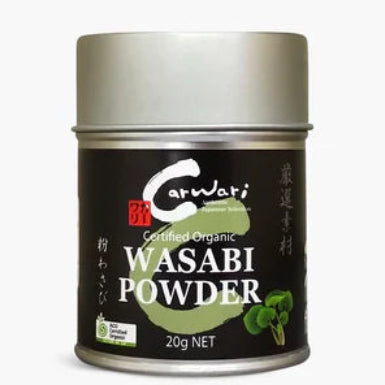 A container of CB CarWari Wasabi Powder 20gm, with a label showing the product name and a green and white color scheme.