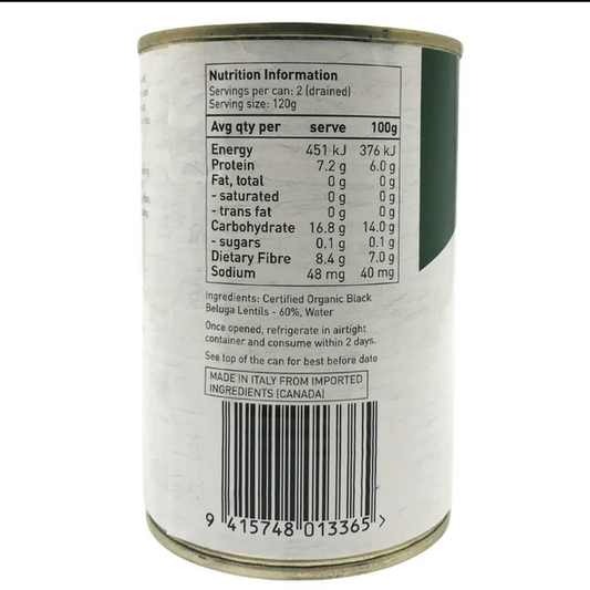 Back of a can of Ceres Organics Black Beluga Lentils 400g with nutrition information and barcode