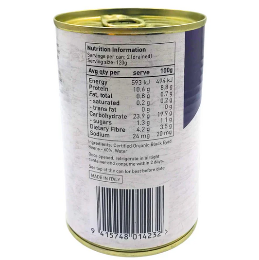 Back of a canned food can showing nutrition information and barcode