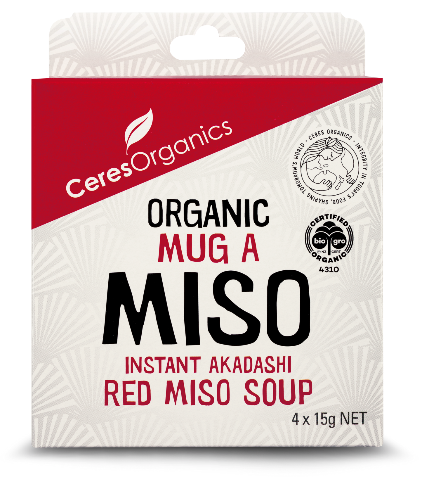 Packaging of Ceres Organics Organic Mug A Miso Instant Akadashi Red Miso Soup, showing a red and white design with product details.