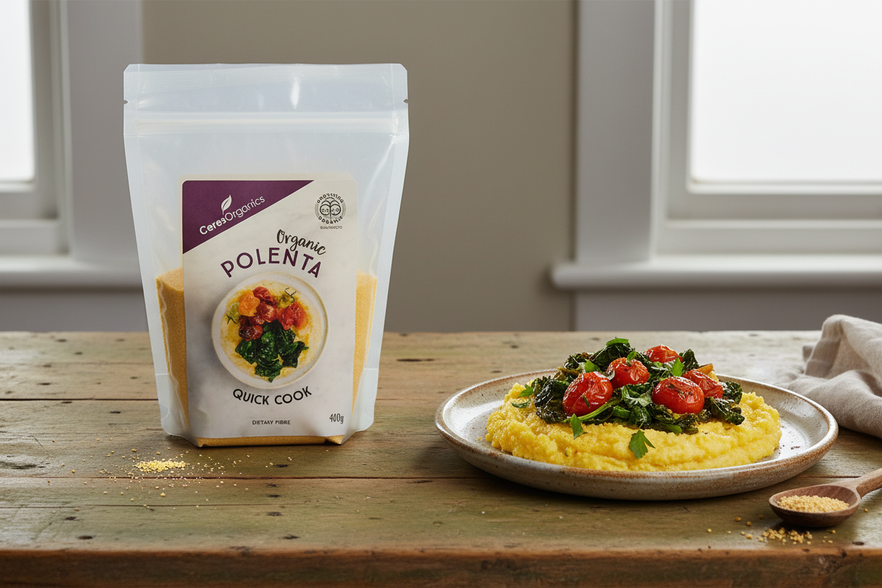 Packaging of Ceres Organics Polenta Quick Cook, showing the product name and an image of polenta with herbs on top.