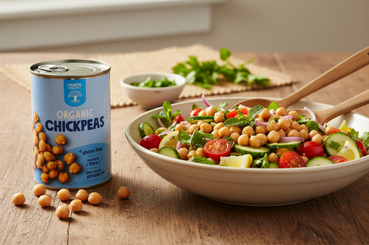 Can of organic chickpeas with Chantal Organics branding on a white background