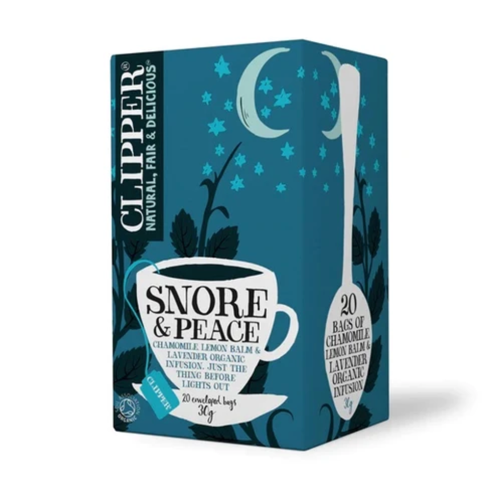 Clipper Snore & Peace herbal tea box in a dark teal blue color, featuring a white teacup, a spoon, and a crescent moon and starry night design.