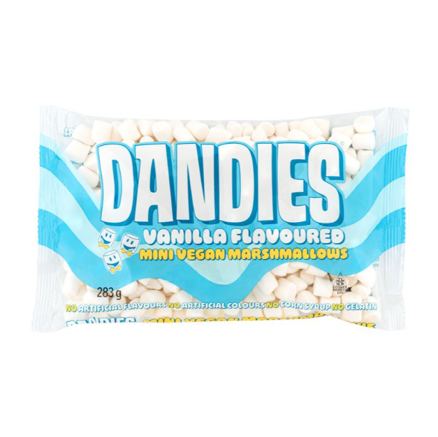 Pack of Dandies Vanilla Flavoured Mini Vegan Marshmallows on a white background