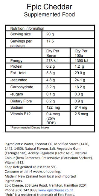 Nutrition label for Epic Cheddar supplemented food with serving size, energy, protein, fat, carbohydrate, dietary fiber, sodium, and vitamin B12 information.