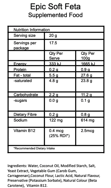 Nutrition label for Epic Soft Feta Supplemented Food with serving size, servings per package, and nutritional information.