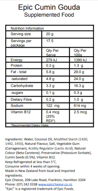 Nutrition label for Epic Cumin Gouda food product
