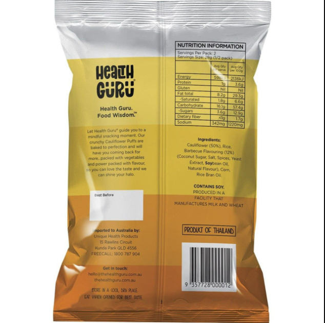Back view of a Health Guru product packaging with nutrition information and ingredients listed.