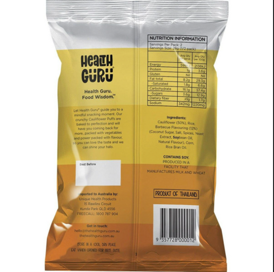 Back view of a Health Guru product packaging with nutrition information and ingredients listed.