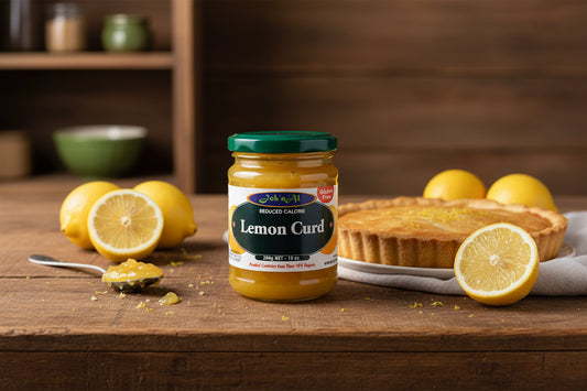 A jar of Joknal Lite Calorie Lemon Curd 280gm with the label visible, indicating it is gluten-free.