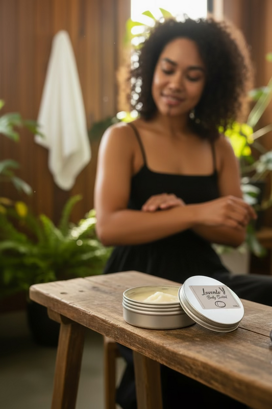 Lavender body butter container with a label on a wooden surface