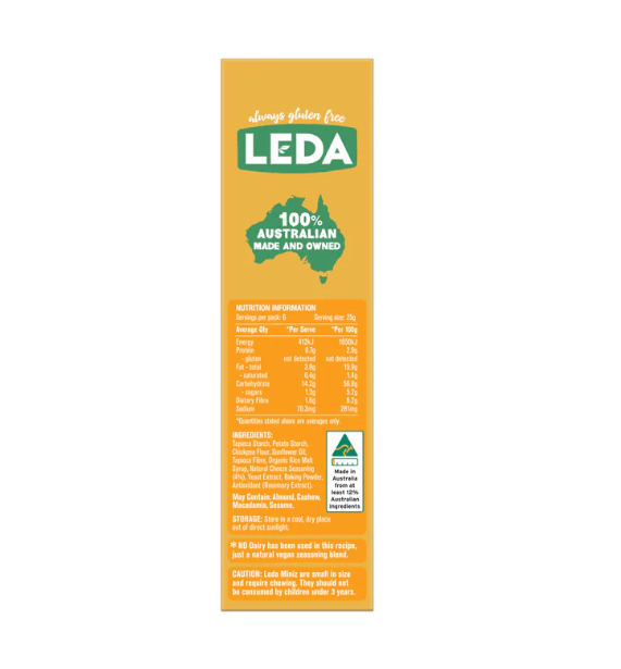 LEDA product packaging with nutritional information on an orange background
