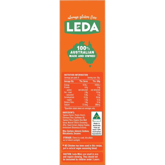LEDA gluten-free product packaging with nutritional information and ingredients on an orange background