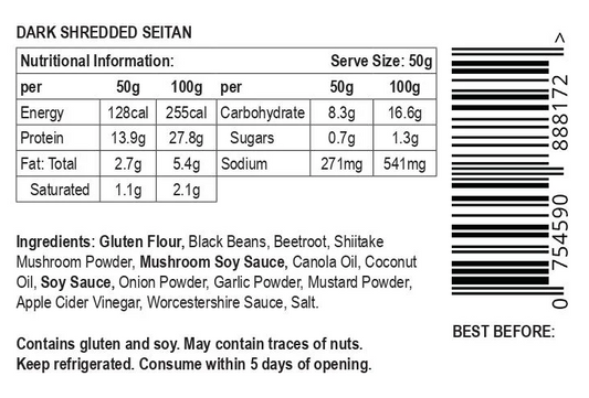 Nutritional information and ingredient list for let them eat vegan not beef dark shredded seitan on a label.