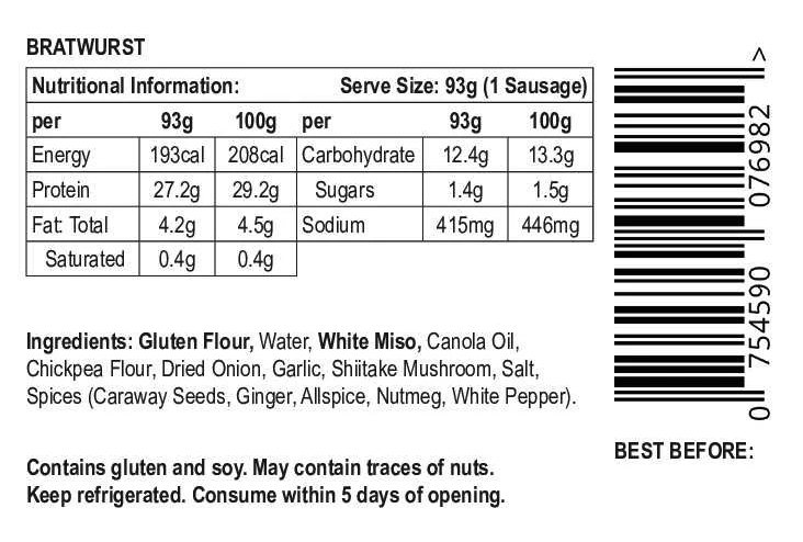 Nutritional label and ingredients list for Let Them Eat Vegan NOT Bratwurst on a white background