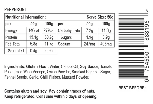 Nutritional label and ingredients list for Let Them Eat Vegan NOT Pepperoni with a barcode on a white background.