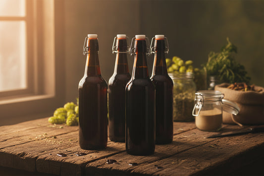 Six Mad Millie dark brown glass swing-top bottles with white caps and metal wire closures, arranged in a group on a plain white background.