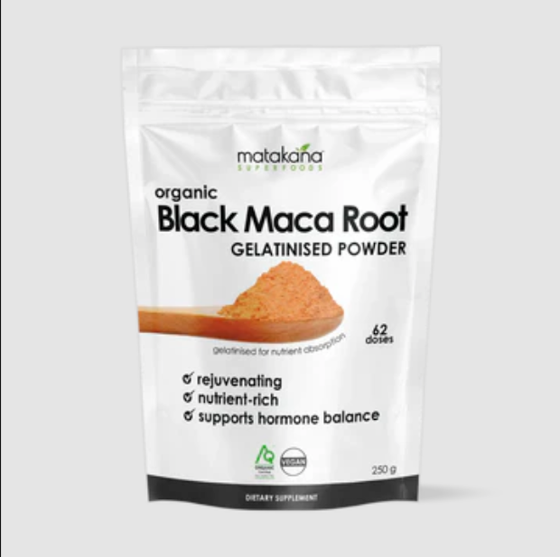 Package of Matakana Organic Black Maca Root Gelatinised Powder on a light gray background