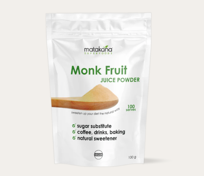 Packaging of monk fruit juice powder with Matakana branding on a light background