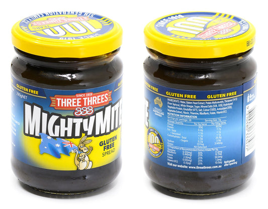 Two jars of Three Three's Mighty Mite spread on a white background