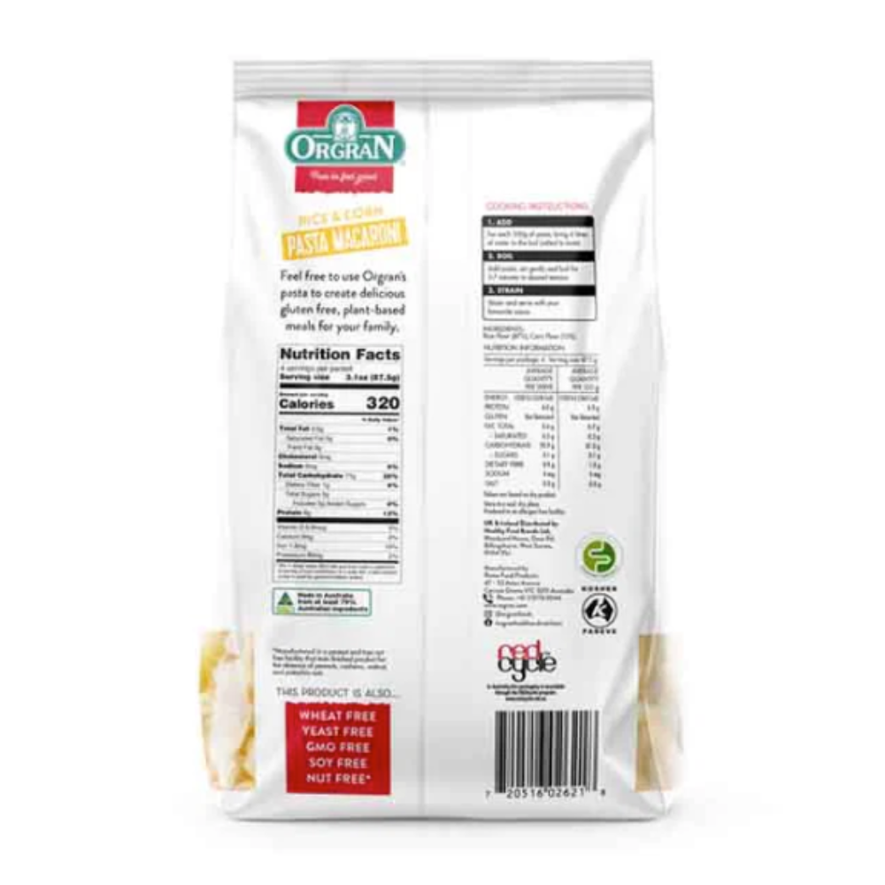 Back of ORGRAN Rice & Corn Macaroni Pasta 350gm with nutritional information and branding on a white background