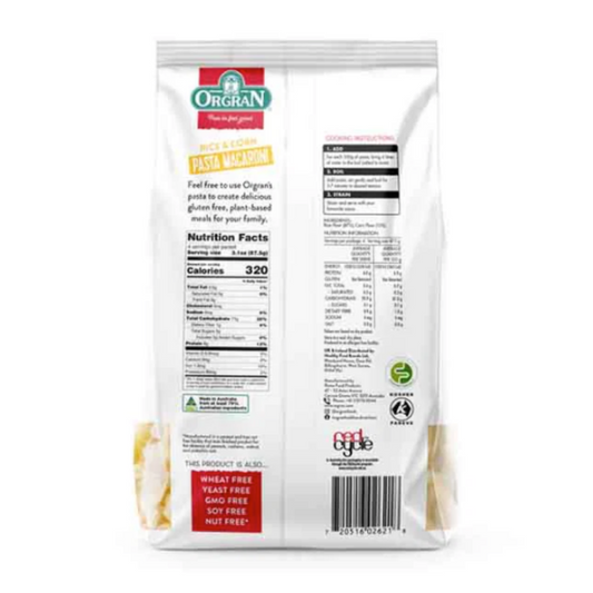 Back of ORGRAN Rice & Corn Macaroni Pasta 350gm with nutritional information and branding on a white background