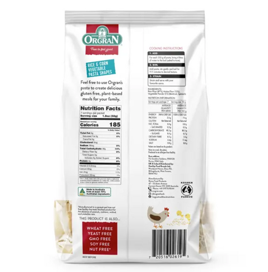 Back view of Orgran Farm Animals Rice, Corn & Vegetable Animal Pasta 350gm with nutritional information and branding on a white background