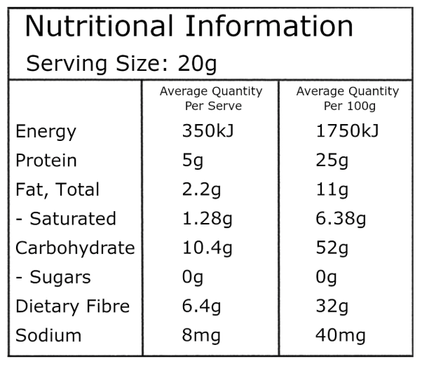A black and white nutritional information label for PBPantry Cacao Powder showing serving size 20g and average quantities per serve and per 100g for energy, protein, fat, saturated fat, carbohydrate, sugars, dietary fibre, and sodium.