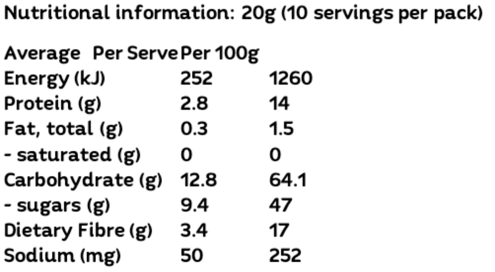 Nutritional information table for PBPantry Organic Goji Berries showing average values per serve and per 100g with columns for Energy (kJ), Protein (g), Fat, total (g), saturated fat (g), carbohydrate (g), sugars (g), dietary fibre (g), and sodium (mg).