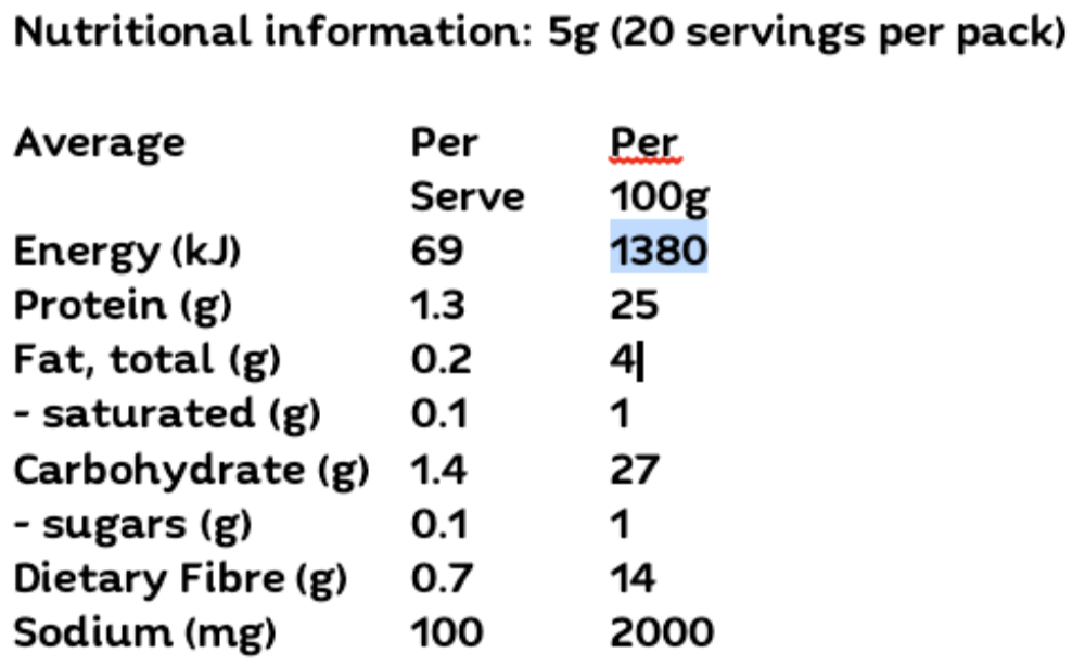 Nutritional information table for PBPantry Organic Savoury Yeast Flakes 200g, showing values per serve and per 100g, including energy, protein, fat, carbohydrate, sugars, dietary fibre, and sodium.