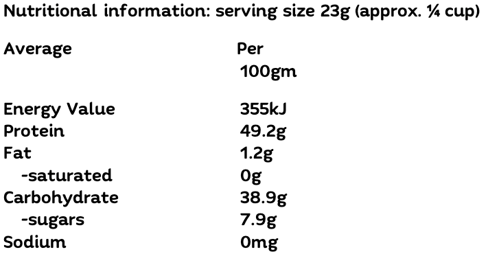 Nutritional information label showing serving size 23g (approx. 1/4 cup) and values per 100g, including Energy Value 355kJ, Protein 49 for PBPantry Textured Soy Protein (TVP)