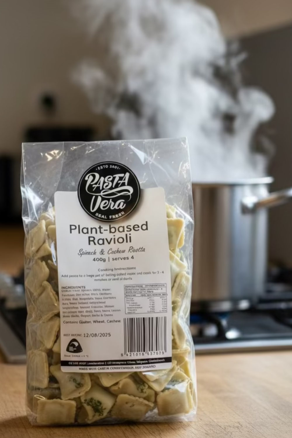 Packaged plant-based ravioli with Pasta Vera label on a wooden surface