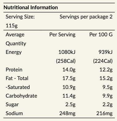 Nutritional information table Plan*t Classic Grillhouse Burger Patties 2pk with serving size, servings per package, and detailed nutritional values.