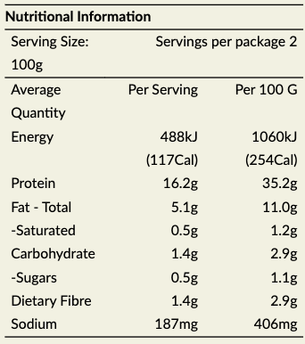 Nutritional information table for Plan*t Hemp Chick*n showing energy, protein, fat, carbohydrate, fiber, and sodium content.