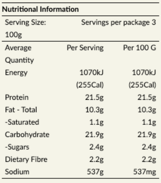 Nutritional information table for Plan*t Korean Style Fried Chick*n 300gm with serving size, servings per package, and detailed nutritional values.
