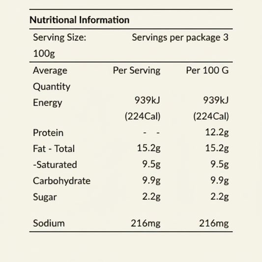 Nutritional information table for Plan*t Rich Savoury Ground Mince 300gm with serving size, servings per package, and detailed nutritional values.