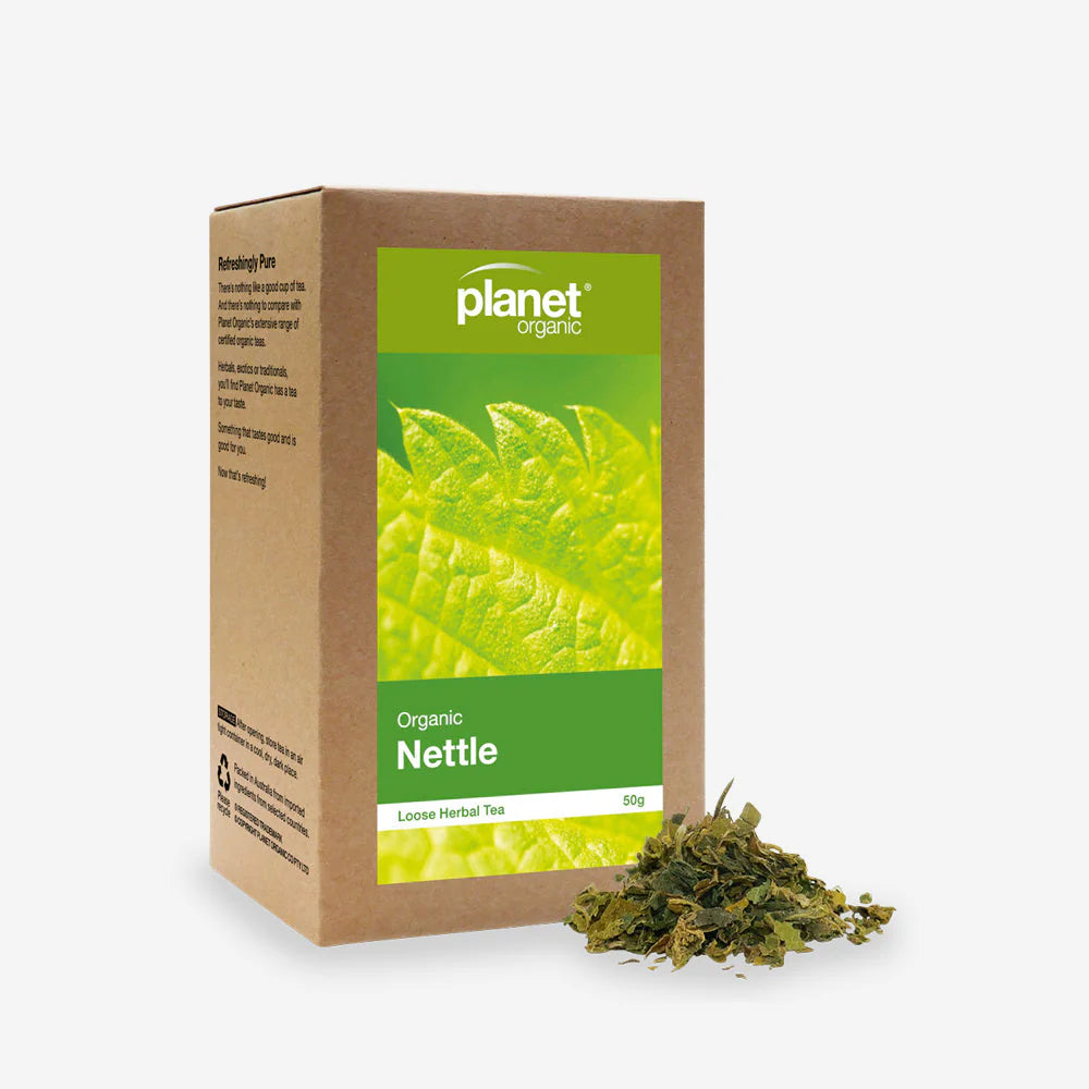 Planet Organic Nettle tea box with dried nettle leaves on a white background