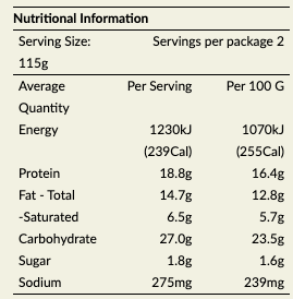 Nutritional information table for Plan*t Crispy Chick*n Burger Patties 2pk with serving size, servings per package, and detailed nutritional values.