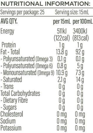 Nutritional information table for a product with serving size, energy, protein, fat, and carbohydrate details.