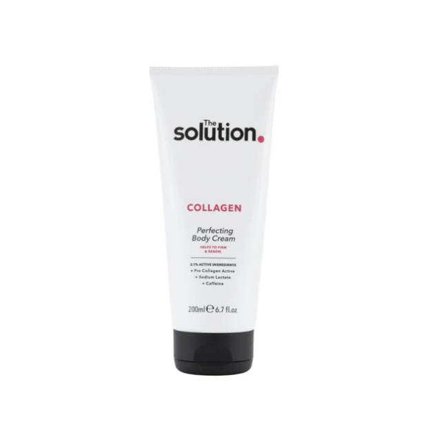 Tube of 'The Solution' collagen perfecting body cream on a white background