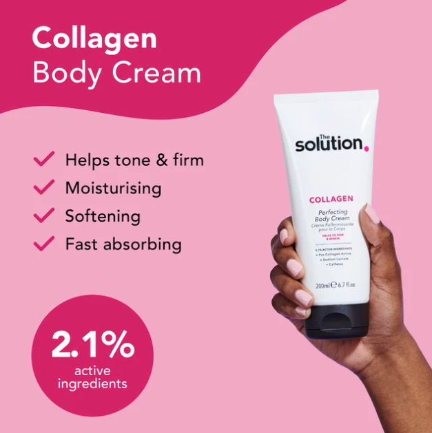 Collagen body cream with hand holding it against a pink background