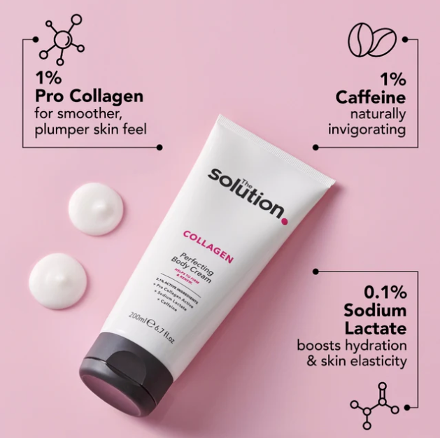 Tube of 'The Solution' collagen perfecting body cream on a pink background with product benefits displayed.