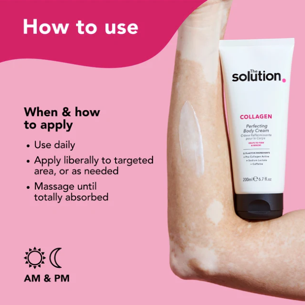 Collagen body cream with application instructions on a pink background