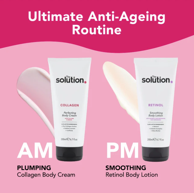 Two skincare products with 'The Solution' branding on a pink background, labeled for AM and PM use.