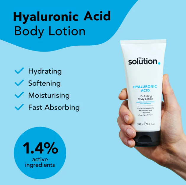 Hyaluronic Acid Body Lotion with product and benefits on a blue background