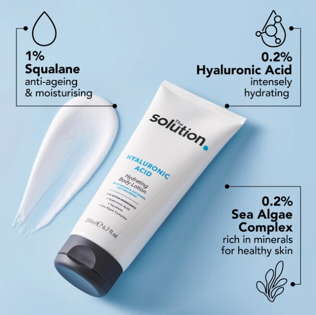 Tube of 'The Solution' Hyaluronic Acid body lotion with ingredients displayed on a blue background