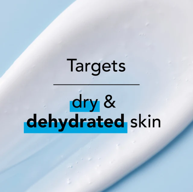 Product texture with text 'Targets dry & dehydrated skin' on a light blue background